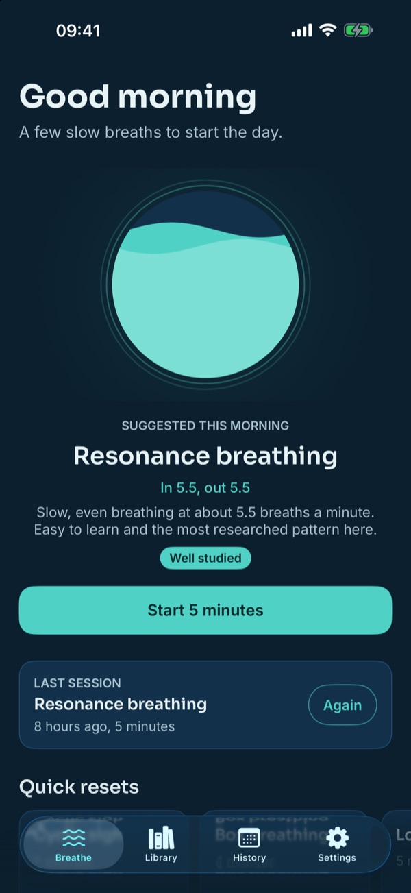 Tidal Breath on iPhone: the Breathe tab with a suggested technique and a Start button