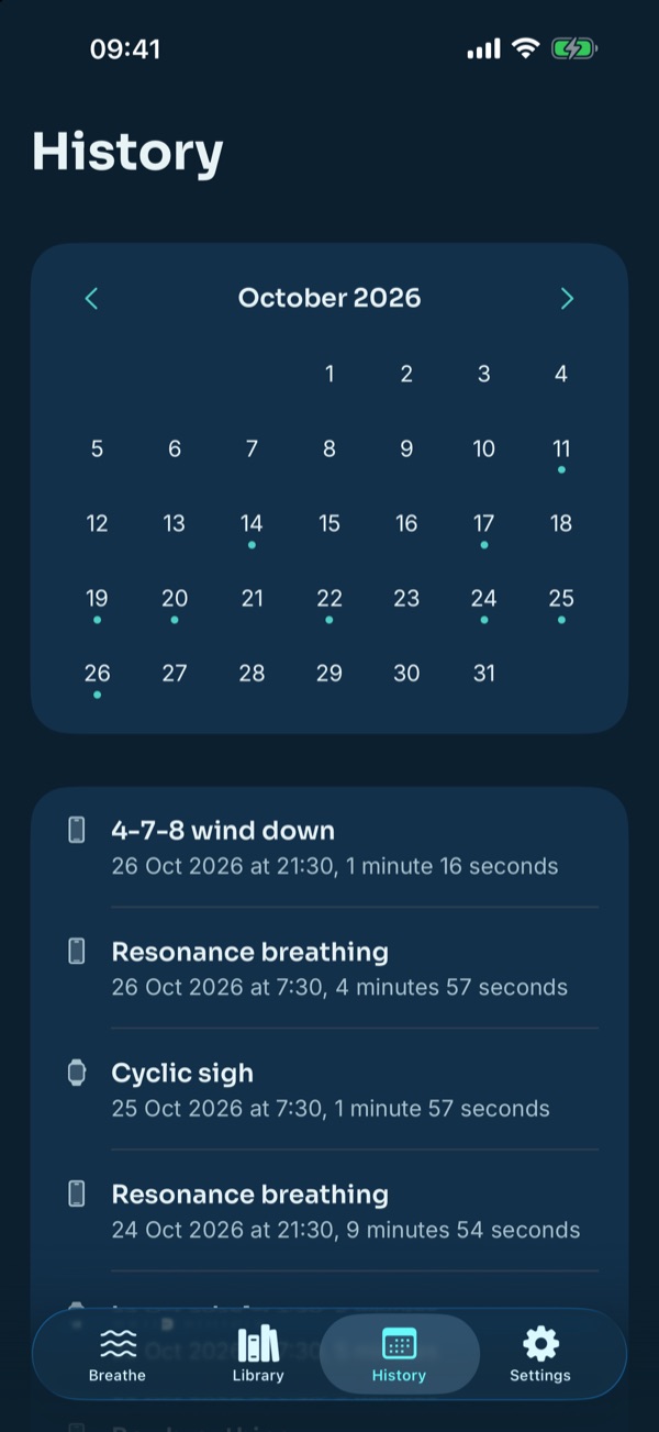 Tidal Breath on iPhone: History, a calendar of the days you practised