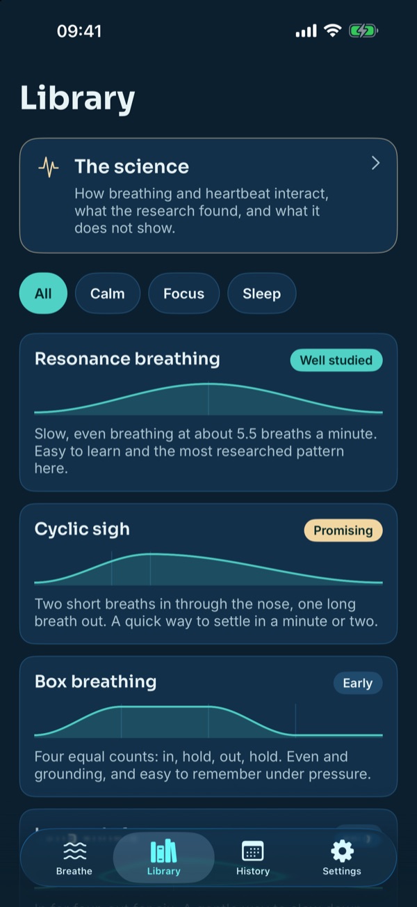 Tidal Breath on iPhone: the Library, with evidence labels and the rhythm of each technique