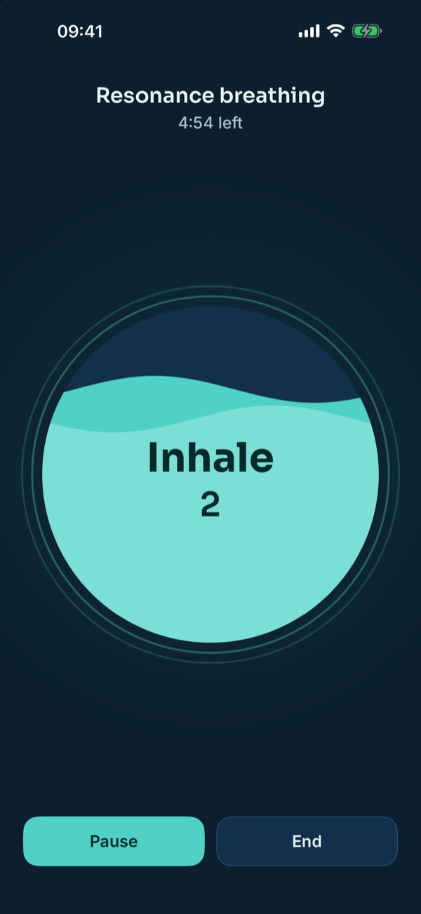 Tidal Breath on iPhone: a session, with water rising in a circle as you breathe in