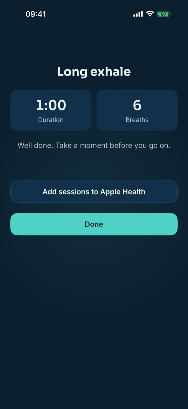 Tidal Breath on iPhone: the summary after a session, with heart rate before and after